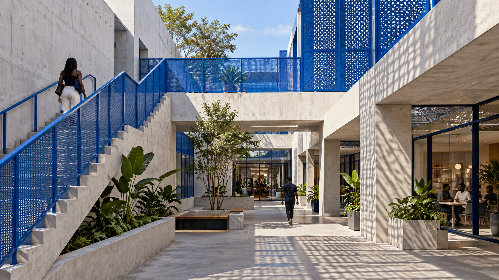 Contemporary concrete courtyard with blue architectural details